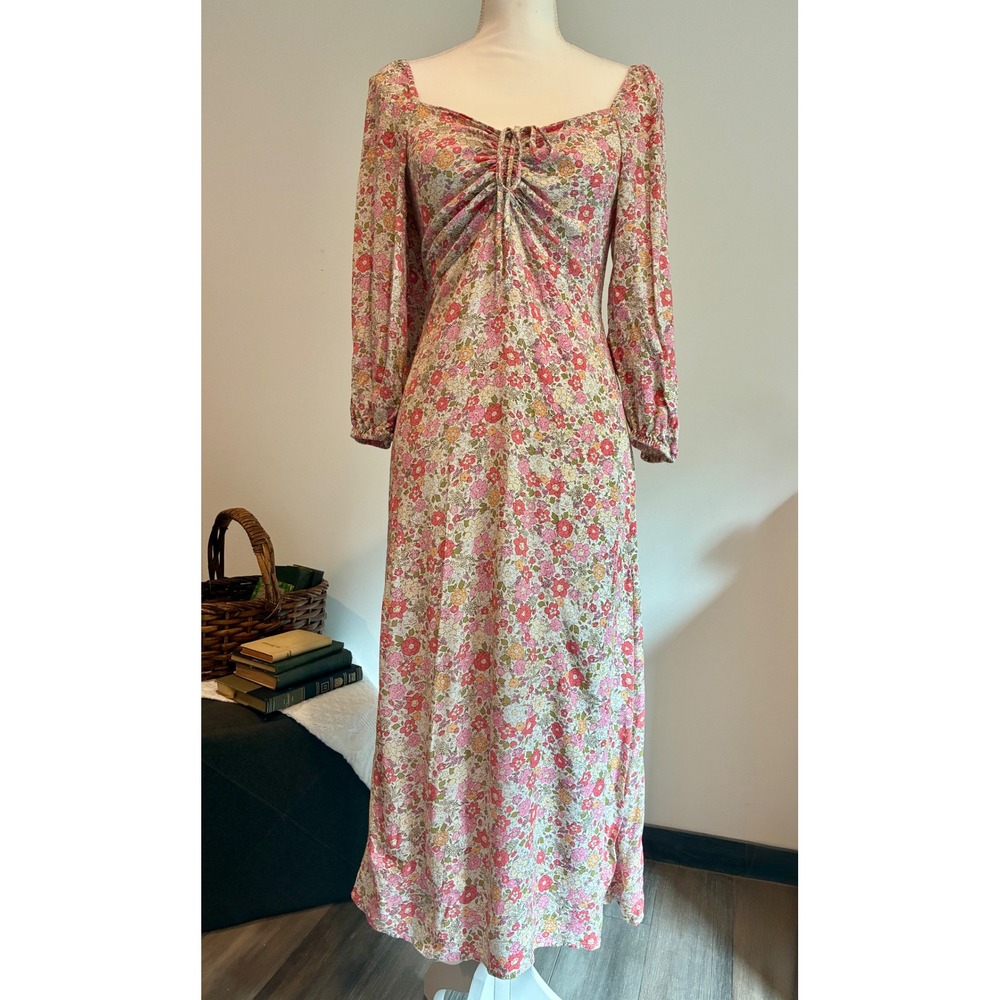 H&M Floral Midi Dress Womens Medium Pink Excellent Smocked Tie Front Long Sleeve
